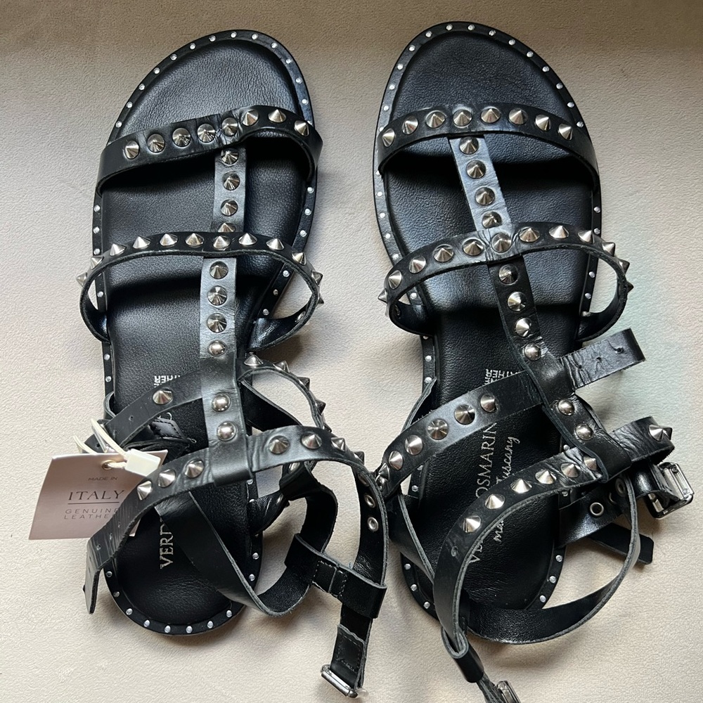 Italian Studded Black Leather Gladiator Sandals